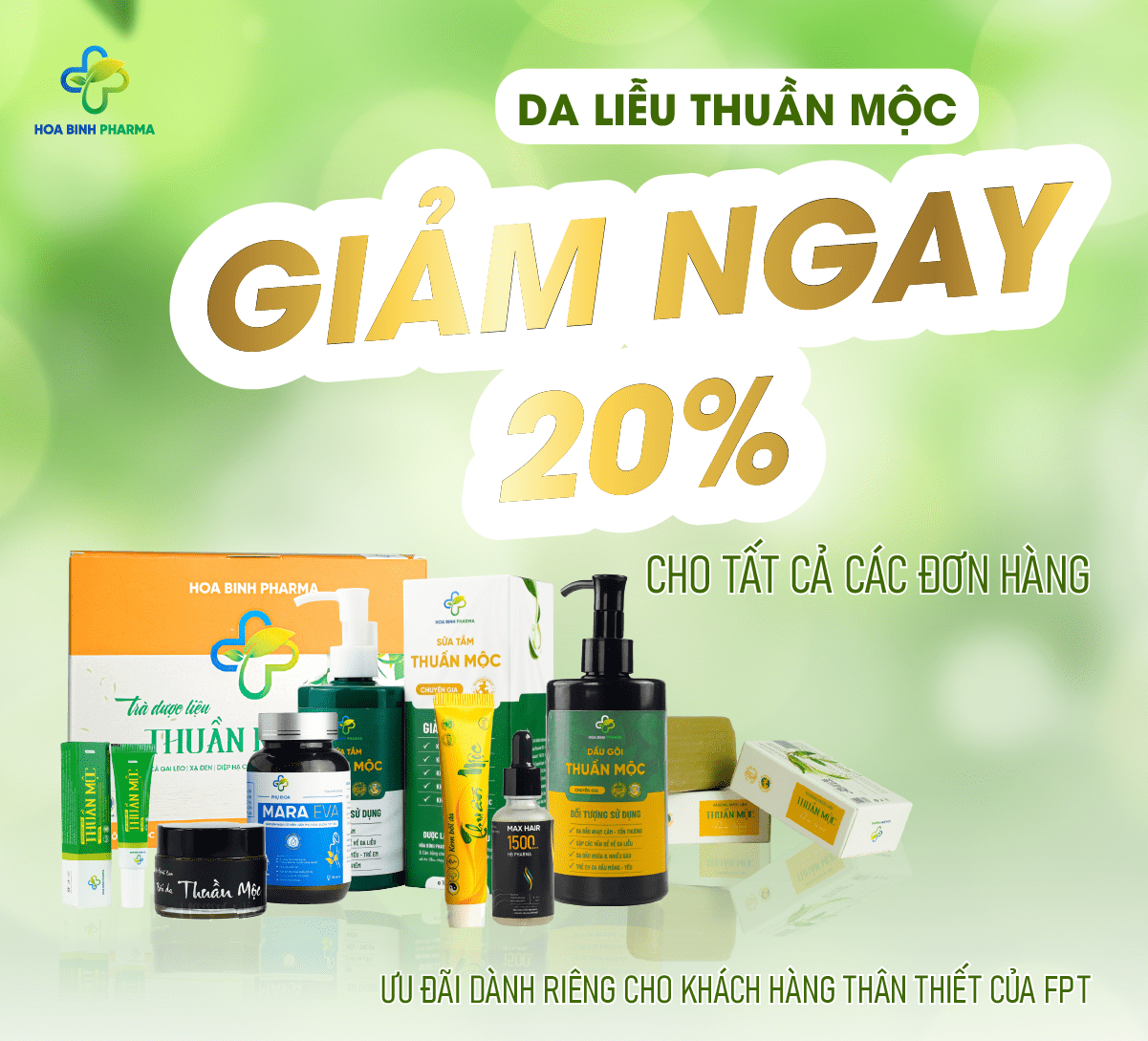 <p>- Phiếu giảm giá 20% trên tổng hóa đơn khi mua hàng tại Hòa Bình Pharma.</p><p>- Không được áp dụng đồng thời với các ưu đãi khác tại cửa hàng.</p><p>- Khách hàng thanh toán phí giao hàng khi mua hàng.</p><p>- Phiếu không có giá trị quy đổi thành tiền mặt và chỉ có giá trị trong thời gian quy định.</p><p>- Áp dụng đến hết ngày 31/12/2025. Voucher quá hạn sẽ không được chấp nhận.</p><p>- Địa điểm áp dụng: trên kênh Fanpage của Hòa Bình Pharma <a href="https://www.facebook.com/hoabinhpharma.vn" target="_blank" title="">https://www.facebook.com/hoabinhpharma.vn</a> và mua qua hotline 0983173960.</p><p>HƯỚNG DẪN SỬ DỤNG:</p><p>Bước 1: Khách hàng vào mục "Ưu đãi của tôi/Đặc quyền FPT Telecom/Chưa sử dụng" trên ứng dụng Hi FPT hoặc mục "Quà của tôi/Danh sách quà Chưa sử dụng" trên Website https://khachhangthanthiet.fpt.vn, chọn quà tặng.</p><p>Bước 2: Ở mục “Mã sử dụng” chọn “Lấy mã” hoặc “Chia sẻ”. Khách hàng cung cấp mã quà tặng khi mua hàng tại Hòa Bình Pharma qua kênh Fanpage hoặc hotline 0983173960.</p>