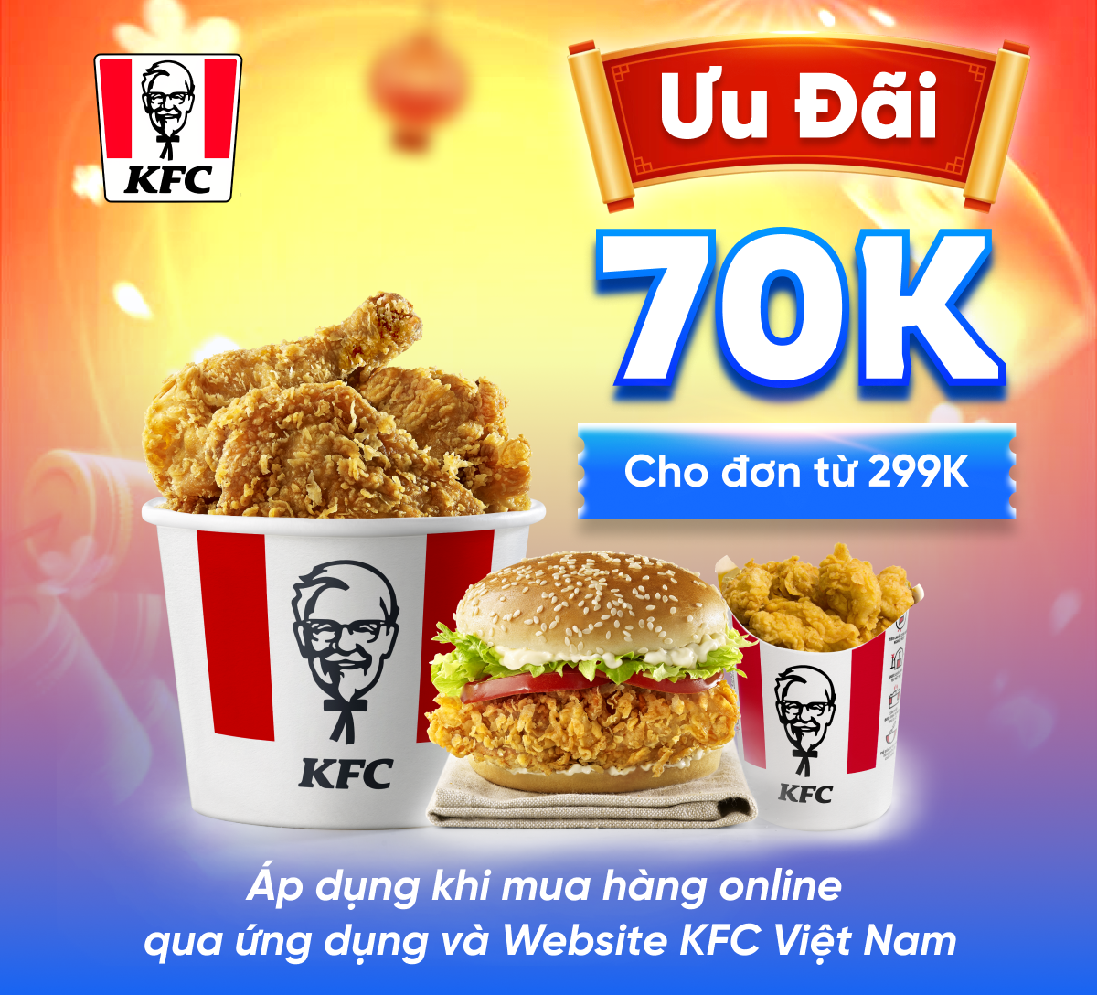 <p>- Phiếu giảm gi&aacute; c&oacute; gi&aacute; trị 70.000 VNĐ &aacute;p dụng cho đơn h&agrave;ng online từ 299.000 VNĐ tại KFC Việt Nam tr&ecirc;n to&agrave;n quốc.</p><p>- E-Voucher chỉ &aacute;p dụng cho h&igrave;nh thức mua h&agrave;ng online qua Website v&agrave; Ứng dụng KFC Việt Nam: <a href="https://kfcvietnam.com.vn" target="_blank" title="">https://kfcvietnam.com.vn</a></p><p>- Kh&ocirc;ng &aacute;p dụng cho h&igrave;nh thức d&ugrave;ng tại chỗ hoặc mua mang đi tại nh&agrave; h&agrave;ng.</p><p>- Kh&ocirc;ng &aacute;p dụng đồng thời với c&aacute;c chương tr&igrave;nh khuyến m&atilde;i kh&aacute;c.</p><p>- Mỗi phiếu giảm gi&aacute; chỉ được sử dụng 1 lần v&agrave; cho 1 đơn h&agrave;ng.</p><p>- Phiếu kh&ocirc;ng c&oacute; gi&aacute; trị quy đổi ra tiền mặt, kh&ocirc;ng được ho&agrave;n trả hay b&aacute;n lại.</p><p>- Kh&aacute;ch h&agrave;ng c&oacute; tr&aacute;ch nhiệm bảo mật th&ocirc;ng tin m&atilde; thẻ. Nh&agrave; h&agrave;ng sẽ kh&ocirc;ng chịu tr&aacute;ch nhiệm ho&agrave;n trả c&aacute;c m&atilde; thẻ bị mất hoặc ở trạng th&aacute;i &ldquo;Đ&atilde; sử dụng&rdquo; với bất kỳ l&yacute; do g&igrave;.</p><p>- Phiếu giảm gi&aacute; được &aacute;p dụng tất cả c&aacute;c ng&agrave;y trong tuần v&agrave; c&aacute;c ng&agrave;y lễ tết.</p><p>- Thời hạn sử dụng: Đến hết ng&agrave;y 31/03/2026.</p><p>- Mọi thắc mắc li&ecirc;n quan đến qu&agrave; tặng, vui l&ograve;ng li&ecirc;n hệ hotline KFC: 1900 6886</p><p>Hướng dẫn sử dụng:</p><p>- Bước 1: Kh&aacute;ch h&agrave;ng v&agrave;o mục "Ưu đ&atilde;i của t&ocirc;i/Đ&atilde; đổi" tr&ecirc;n ứng dụng Hi FPT hoặc mục "Qu&agrave; của t&ocirc;i/Danh s&aacute;ch qu&agrave;/Chưa sử dụng" tr&ecirc;n Website <a href="https://fpt.vn/khach-hang-than-thiet/" target="_blank" title="">https://fpt.vn/khach-hang-than-thiet/</a>, chọn qu&agrave; tặng.</p><p>- Bước 2: Ở mục &ldquo;M&atilde; sử dụng&rdquo; chọn &ldquo;Lấy m&atilde;&rdquo; hoặc &ldquo;Chia sẻ&rdquo;.</p><p>- Bước 3: Truy cập Website hoặc Ứng dụng KFC Việt Nam, chọn sản phẩm v&agrave; tiến h&agrave;nh đặt h&agrave;ng.</p><p>- Bước 4: Tại m&agrave;n h&igrave;nh thanh to&aacute;n, nhập M&atilde; Giảm Gi&aacute;, kiểm tra số tiền sau ưu đ&atilde;i v&agrave; chọn &ldquo;Thanh To&aacute;n&rdquo;</p><p>- Bước 5: X&aacute;c nhận th&ocirc;ng tin giao h&agrave;ng v&agrave; ho&agrave;n tất &ldquo;Đặt h&agrave;ng&rdquo;.</p>