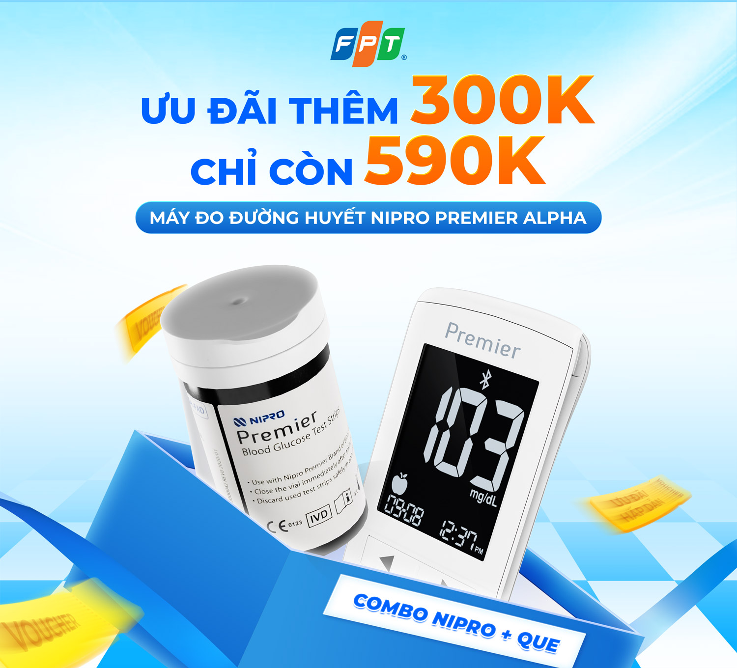 <p>- Phiếu giảm gi&aacute; c&oacute; gi&aacute; trị 300.000 VNĐ &aacute;p dụng khi mua: Combo 01 M&aacute;y đo đường huyết Nipro Premier Alpha. </p><p>Bao gồm:</p><p>+ 01 M&aacute;y đo đường huyết Nipro Premier Alpha</p><p>+ 01 Hộp que thử đường huyết Nipro.</p><p>- Phiếu giảm gi&aacute; chỉ &aacute;p dụng khi mua h&agrave;ng tại website <a href="https://fptmedicare.vn/" target="_blank" title="">https://fptmedicare.vn/</a>.</p><p>- Mỗi phiếu giảm gi&aacute; chỉ được sử dụng 1 lần cho 1 đơn h&agrave;ng, kh&ocirc;ng quy đổi th&agrave;nh tiền mặt.</p><p>- Phiếu giảm gi&aacute; kh&ocirc;ng &aacute;p dụng đồng thời với c&aacute;c chương tr&igrave;nh khuyến m&atilde;i kh&aacute;c.</p><p>HƯỚNG DẪN SỬ DỤNG:</p><p>- Bước 1: Kh&aacute;ch h&agrave;ng v&agrave;o mục ""Ưu đ&atilde;i của t&ocirc;i/Đ&atilde; đổi"" tr&ecirc;n ứng dụng Hi FPT hoặc mục ""Qu&agrave; của t&ocirc;i/Danh s&aacute;ch qu&agrave;/Chưa sử dụng"" tr&ecirc;n Website <a href="https://fpt.vn/khach-hang-than-thiet/" target="_blank" title="">https://fpt.vn/khach-hang-than-thiet/</a>, chọn qu&agrave; tặng.</p><p>- Bước 2: Ở mục &ldquo;M&atilde; sử dụng&rdquo; chọn &ldquo;Lấy m&atilde;&rdquo; hoặc &ldquo;Chia sẻ&rdquo;.</p><p>- Bước 3: Kh&aacute;ch h&agrave;ng truy cập v&agrave;o web:<a href=" https://fptmedicare.vn/san-pham/combo-01-may-do-duong-huyet-nipro-01-may-do-01-hop-que-thu?utm_source=hifpt&utm_medium=uudai&utm_campaign=FPT30&utm_content=consumer " target="_blank" title=""> https://fptmedicare.vn/san-pham/combo-01-may-do-duong-huyet-nipro-01-may-do-01-hop-que-thu?utm_source=hifpt&utm_medium=uudai&utm_campaign=FPT30&utm_content=consumer </a></p><p>- Bước 4: Chọn ""Th&ecirc;m v&agrave;o giỏ h&agrave;ng"", nhập m&atilde; ưu đ&atilde;i n&agrave;y tại bước Thanh to&aacute;n v&agrave; tiến h&agrave;nh Thanh to&aacute;n để được &aacute;p dụng.</p><p>CH&Uacute; &Yacute;: Bằng việc bấm ""Đổi qu&agrave;"" qu&yacute; kh&aacute;ch đ&atilde; đồng &yacute; để FPT Telecom li&ecirc;n hệ tư vấn sản phẩm dịch vụ ph&ugrave; hợp với nhu cầu. </p><p>Chi tiết xem tại Ch&iacute;nh s&aacute;ch xử l&yacute; dữ liệu c&aacute; nh&acirc;n: <a href="https://fpt.vn/ho-tro/huong-dan-thu-tuc/xi-chinh-sach-xu-ly-du-lieu-ca-nhan/286.html" target="_blank" title="">https://fpt.vn/ho-tro/huong-dan-thu-tuc/xi-chinh-sach-xu-ly-du-lieu-ca-nhan/286.html</a></p>