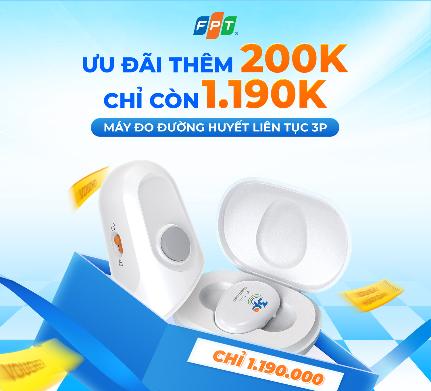 <p>- Phiếu giảm gi&aacute; c&oacute; gi&aacute; trị 200.000 VNĐ &aacute;p dụng khi mua: Combo 01 M&aacute;y đo đường huyết li&ecirc;n tục 3P kh&ocirc;ng ch&iacute;ch m&aacute;u. Bao gồm:</p><p>+ 01 Bộ cảm biến m&aacute;y đo đường huyết li&ecirc;n tục 3P</p><p>+ 01 Bộ truyền dữ liệu m&aacute;y đo đường huyết li&ecirc;n tục 3P</p><p>- Phiếu giảm gi&aacute; chỉ &aacute;p dụng khi mua h&agrave;ng tại website <a href="https://fptmedicare.vn/ " target="_blank" title="">https://fptmedicare.vn/</a></p><p>- Mỗi phiếu giảm gi&aacute; chỉ được sử dụng 1 lần v&agrave; cho 1 đơn h&agrave;ng, kh&ocirc;ng quy đổi th&agrave;nh tiền mặt.</p><p>- Phiếu giảm gi&aacute; kh&ocirc;ng &aacute;p dụng đồng thời với c&aacute;c chương tr&igrave;nh khuyến m&atilde;i kh&aacute;c.</p><p>HƯỚNG DẪN SỬ DỤNG:</p><p>- Bước 1: Kh&aacute;ch h&agrave;ng v&agrave;o mục ""Ưu đ&atilde;i của t&ocirc;i/Đ&atilde; đổi"" tr&ecirc;n ứng dụng Hi FPT hoặc mục ""Qu&agrave; của t&ocirc;i/Danh s&aacute;ch qu&agrave;/Chưa sử dụng"" tr&ecirc;n Website <a href="https://fpt.vn/khach-hang-than-thiet/" target="_blank" title="">https://fpt.vn/khach-hang-than-thiet/</a>, chọn qu&agrave; tặng.</p><p>- Bước 2: Ở mục &ldquo;M&atilde; sử dụng&rdquo; chọn &ldquo;Lấy m&atilde;&rdquo; hoặc &ldquo;Chia sẻ&rdquo;.</p><p>- Bước 3: Kh&aacute;ch h&agrave;ng truy cập v&agrave;o web: <a href="https://fptmedicare.vn/san-pham/combo-01-may-do-duong-huyet-lien-tuc-3p-khong-chich-mau?utm_source=hifpt&utm_medium=uudai&utm_campaign=FPT30&utm_content=consumer " target="_blank" title="">https://fptmedicare.vn/san-pham/combo-01-may-do-duong-huyet-lien-tuc-3p-khong-chich-mau?utm_source=hifpt&utm_medium=uudai&utm_campaign=FPT30&utm_content=consumer </a></p><p>- Bước 4: Chọn "Th&ecirc;m v&agrave;o giỏ h&agrave;ng", nhập m&atilde; ưu đ&atilde;i n&agrave;y tại bước Thanh to&aacute;n v&agrave; tiến h&agrave;nh Thanh to&aacute;n để được &aacute;p dụng.</p><p>CH&Uacute; &Yacute;: Bằng việc bấm "Đổi qu&agrave;" qu&yacute; kh&aacute;ch đ&atilde; đồng &yacute; để FPT Telecom li&ecirc;n hệ tư vấn sản phẩm dịch vụ ph&ugrave; hợp với nhu cầu. </p><p>Chi tiết xem tại Ch&iacute;nh s&aacute;ch xử l&yacute; dữ liệu c&aacute; nh&acirc;n: <a href="https://fpt.vn/ho-tro/huong-dan-thu-tuc/xi-chinh-sach-xu-ly-du-lieu-ca-nhan/286.html" target="_blank" title="">https://fpt.vn/ho-tro/huong-dan-thu-tuc/xi-chinh-sach-xu-ly-du-lieu-ca-nhan/286.html</a></p>